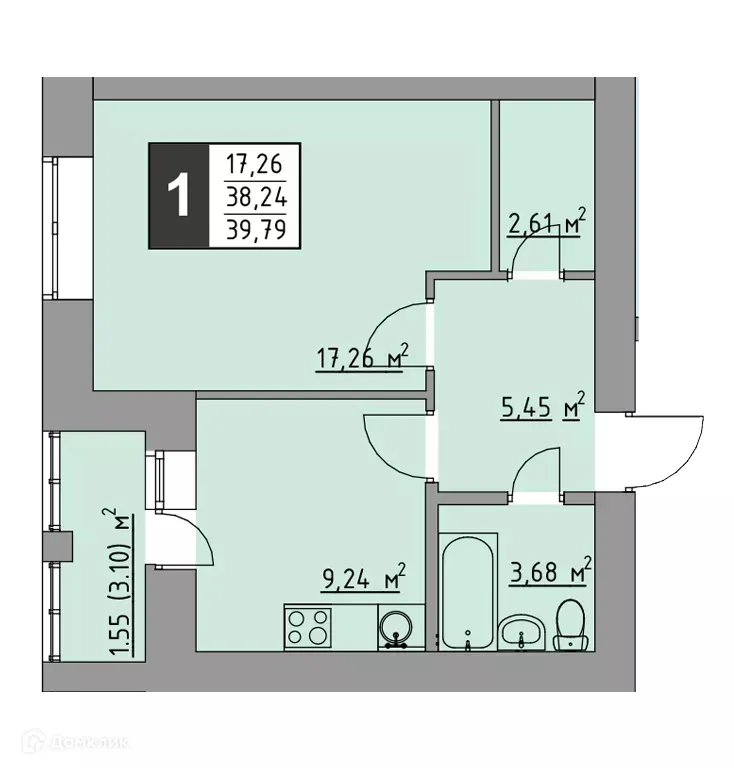 Планировка 1-комнатной квартиры 39.79 м² в ЖК Олимп, г. Стерлитамак — фото 1