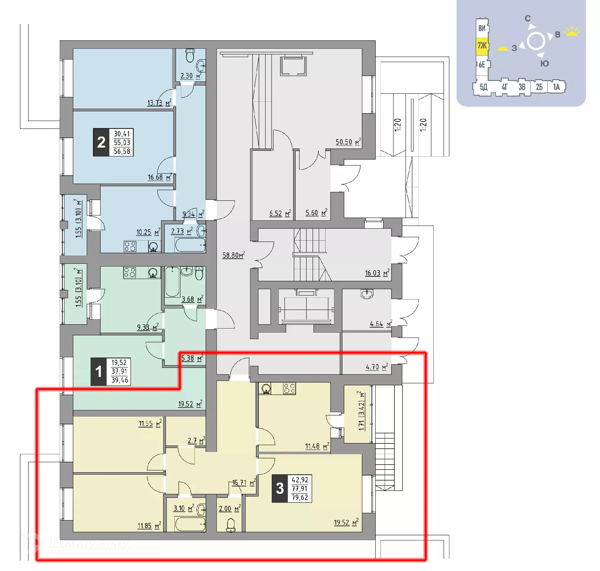 Планировка 3-комнатной квартиры 79.45 м² в ЖК Олимп, г. Стерлитамак — фото 1