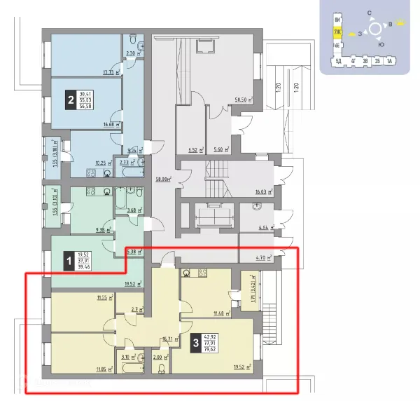 Планировка 3 комн. в ЖК Олимп