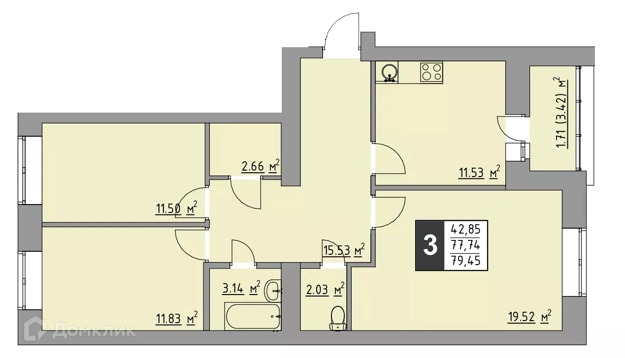Планировка 3-комнатной квартиры 79.45 м² в ЖК Олимп, г. Стерлитамак — фото 2