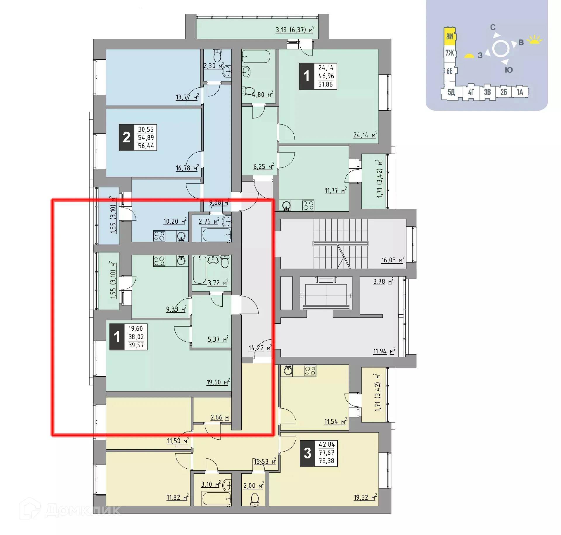 Планировка 1-комнатной квартиры 39.57 м² в ЖК Олимп, г. Стерлитамак — фото 1