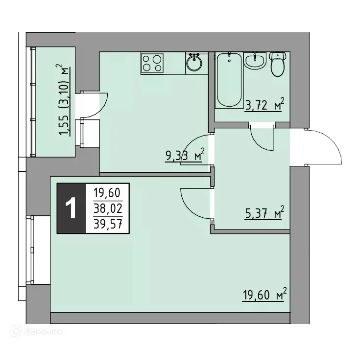 Планировка 1-комнатной квартиры 39.57 м² в ЖК Олимп, г. Стерлитамак — фото 2