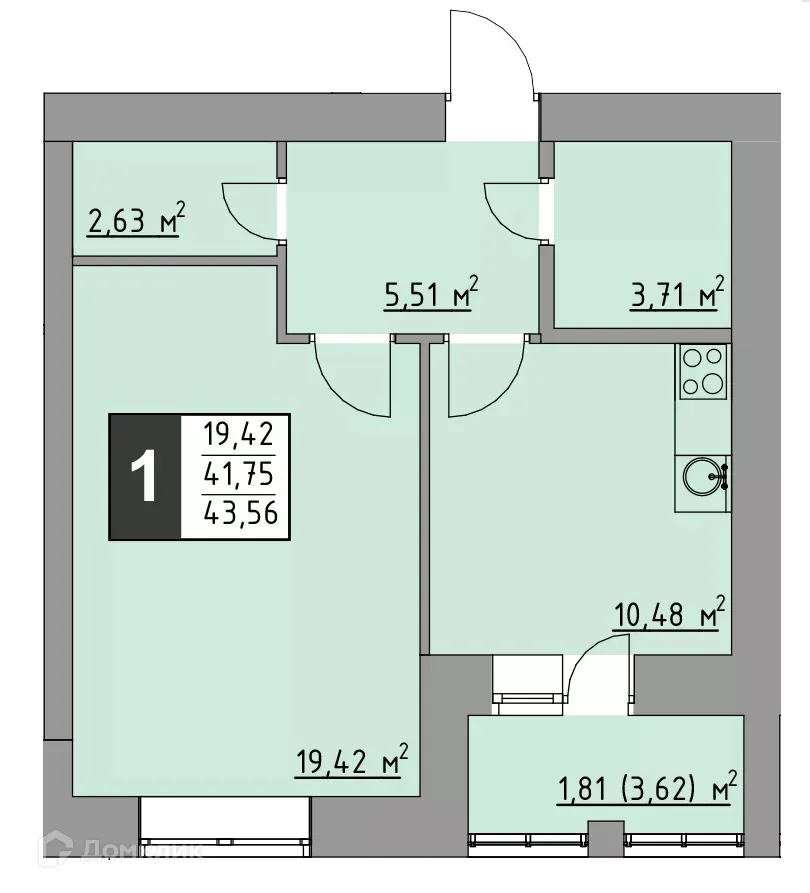 Планировка 1-комнатной квартиры 43.56 м² в ЖК Олимп, г. Стерлитамак — фото 2