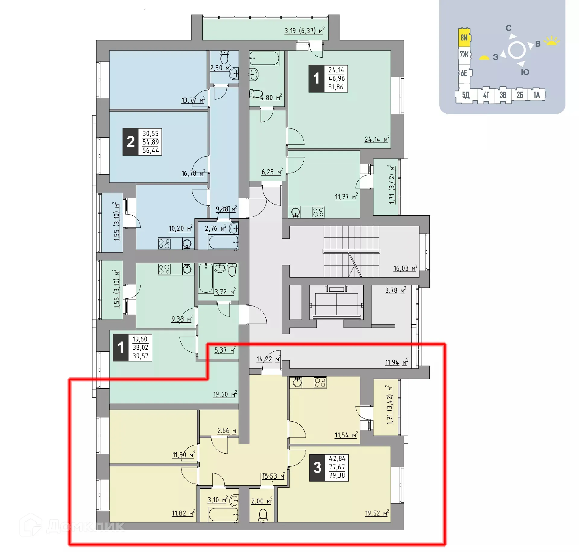 Планировка 3-комнатной квартиры 79.38 м² в ЖК Олимп, г. Стерлитамак — фото 1