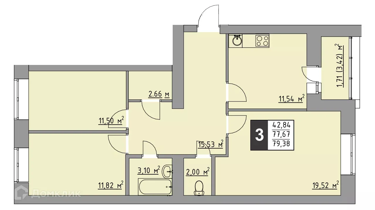 Планировка 3-комнатной квартиры 79.38 м² в ЖК Олимп, г. Стерлитамак — фото 2