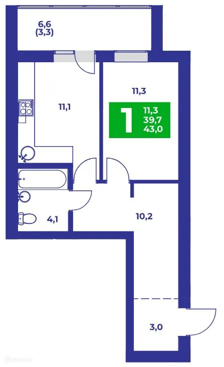 Планировка 1-комнатной квартиры 43 м² в ЖК Событие, г. Стерлитамак — фото 1