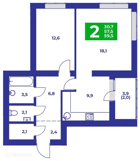 Планировка 2-комнатной квартиры 59.5 м² в ЖК Событие, г. Стерлитамак — фото 1