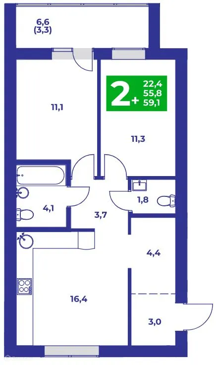 Планировка 2-комнатной квартиры 59.1 м² в ЖК Событие, г. Стерлитамак — фото 1