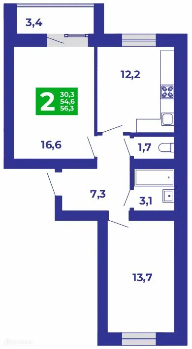 Планировка 2-комнатной квартиры 56.3 м² в ЖК Событие, г. Стерлитамак — фото 1