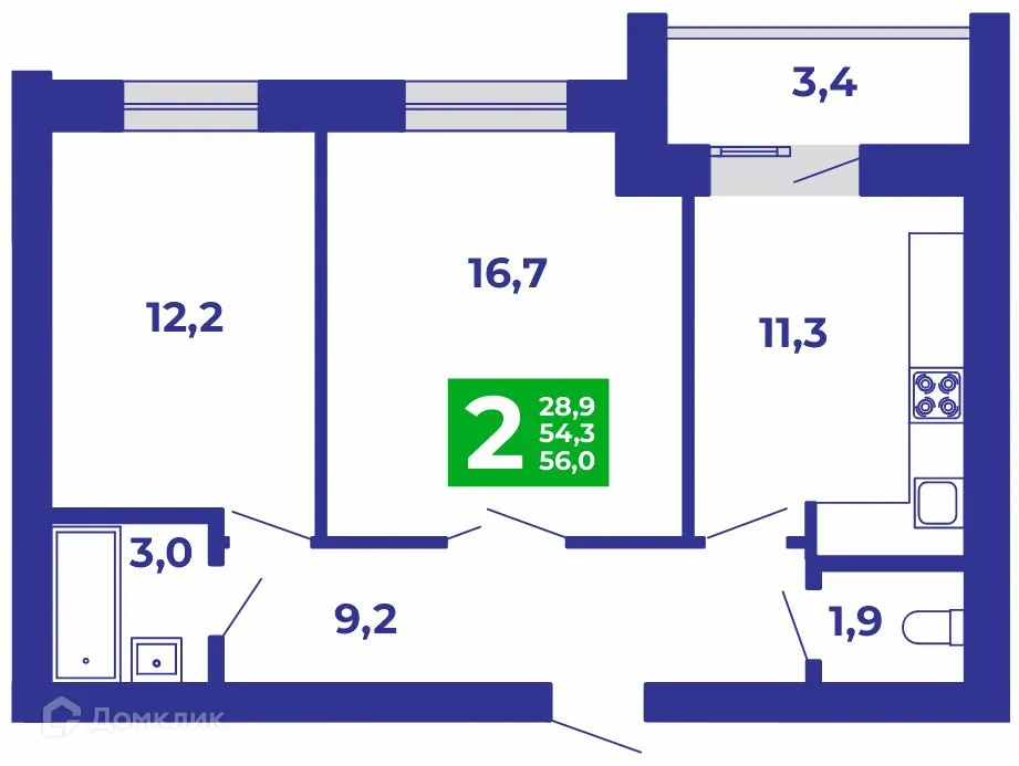 Планировка 2-комнатной квартиры 56 м² в ЖК Событие, г. Стерлитамак — фото 1