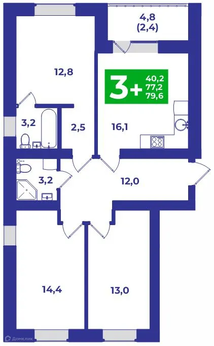 Планировка 3-комнатной квартиры 79.6 м² в ЖК ШИХАНЫ, г. Стерлитамак — фото 1