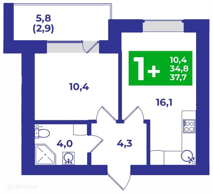 Планировка 1-комнатной квартиры 37.7 м² в ЖК ШИХАНЫ, г. Стерлитамак — фото 1