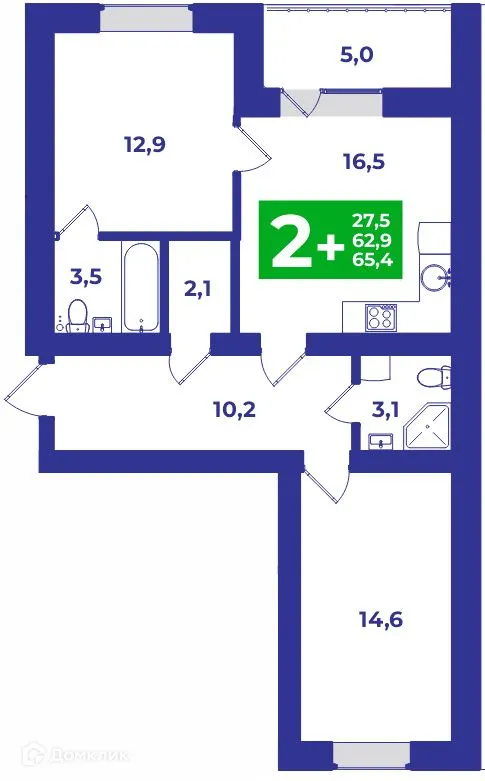 Планировка 2-комнатной квартиры 65.4 м² в ЖК ШИХАНЫ, г. Стерлитамак — фото 1