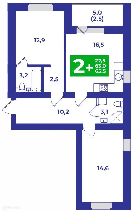 Планировка 2-комнатной квартиры 65.5 м² в ЖК ШИХАНЫ, г. Стерлитамак — фото 1