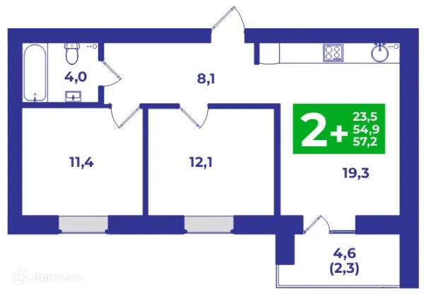Планировка 2 комн. в ЖК ШИХАНЫ