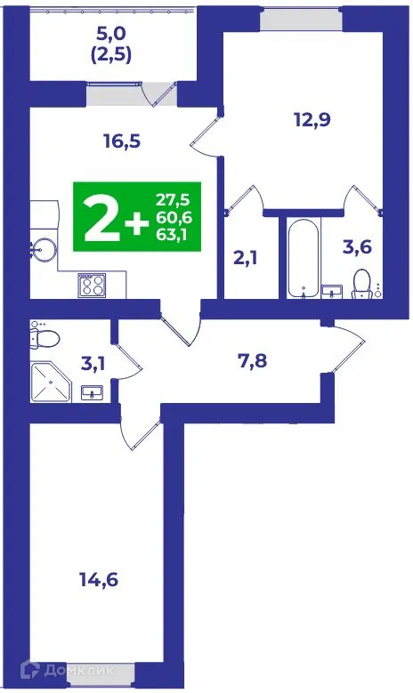 Планировка 2-комнатной квартиры 63.1 м² в ЖК ШИХАНЫ, г. Стерлитамак — фото 1