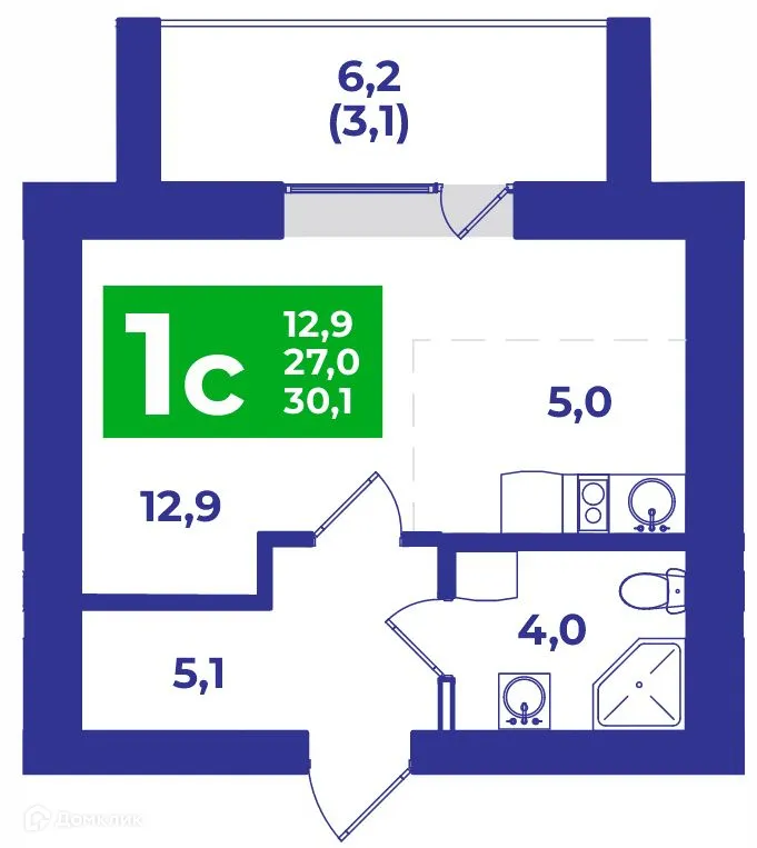 Планировка студии квартиры 30.1 м² в ЖК ШИХАНЫ, г. Стерлитамак — фото 1