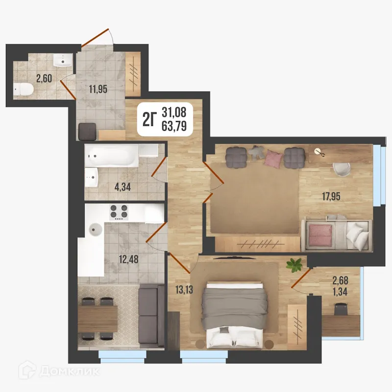 Планировка 2-комнатной квартиры 63.79 м² в ЖК "Новое Время", г. Стерлитамак — фото 1