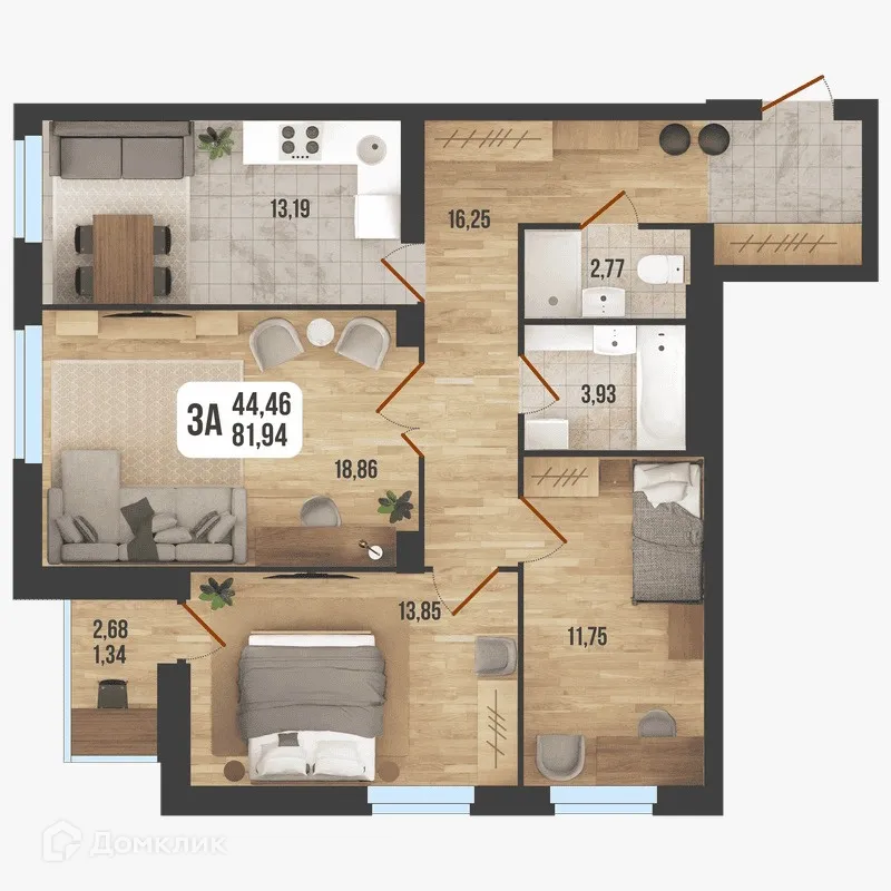 Планировка 3-комнатной квартиры 81.94 м² в ЖК "Новое Время", г. Стерлитамак — фото 1