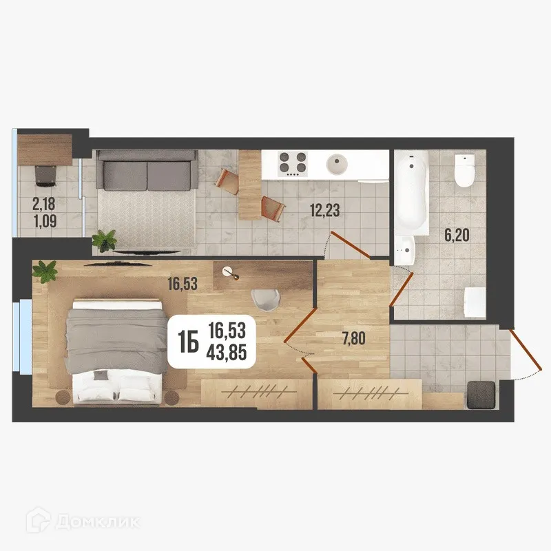 Планировка 1-комнатной квартиры 43.85 м² в ЖК "Новое Время", г. Стерлитамак — фото 1