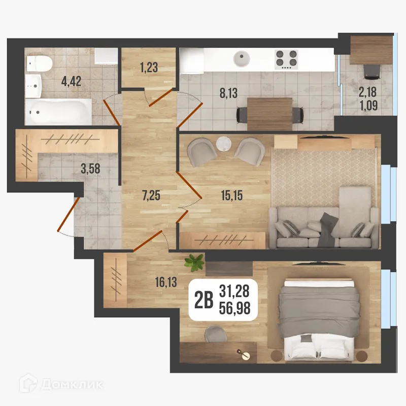 Планировка 2-комнатной квартиры 56.98 м² в ЖК "Новое Время", г. Стерлитамак — фото 1