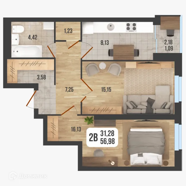 Планировка 2 комн. в ЖК "Новое Время"