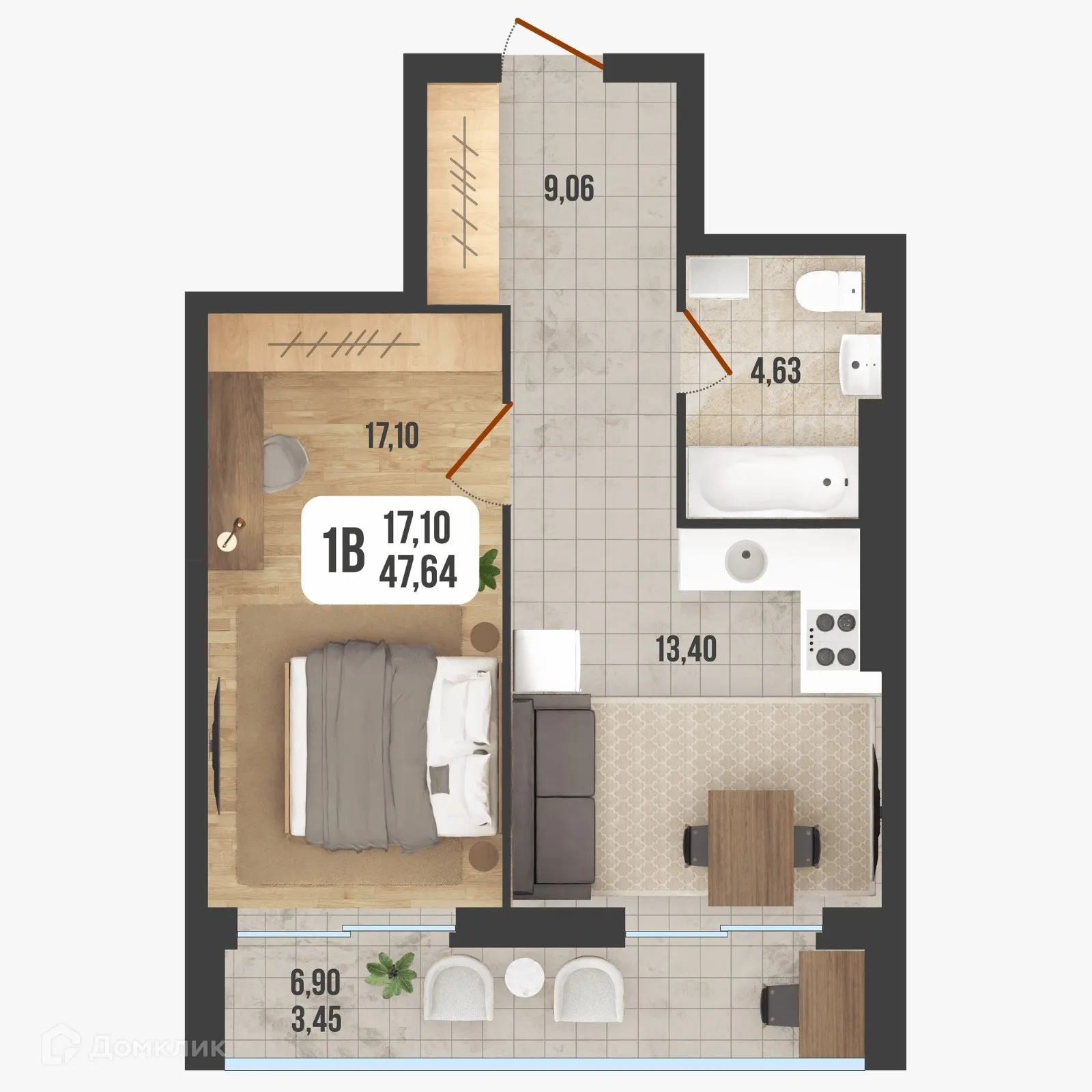 Планировка 1-комнатной квартиры 47.41 м² в ЖК "Новое Время", г. Стерлитамак — фото 1