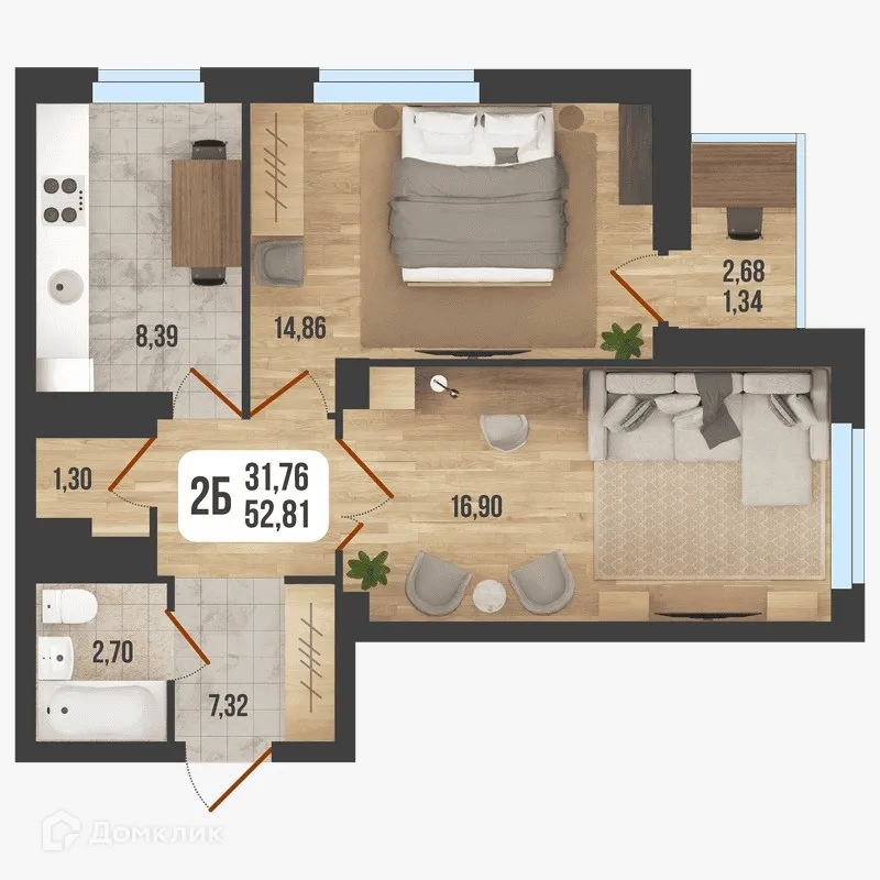 Планировка 2-комнатной квартиры 52.81 м² в ЖК "Новое Время", г. Стерлитамак — фото 1