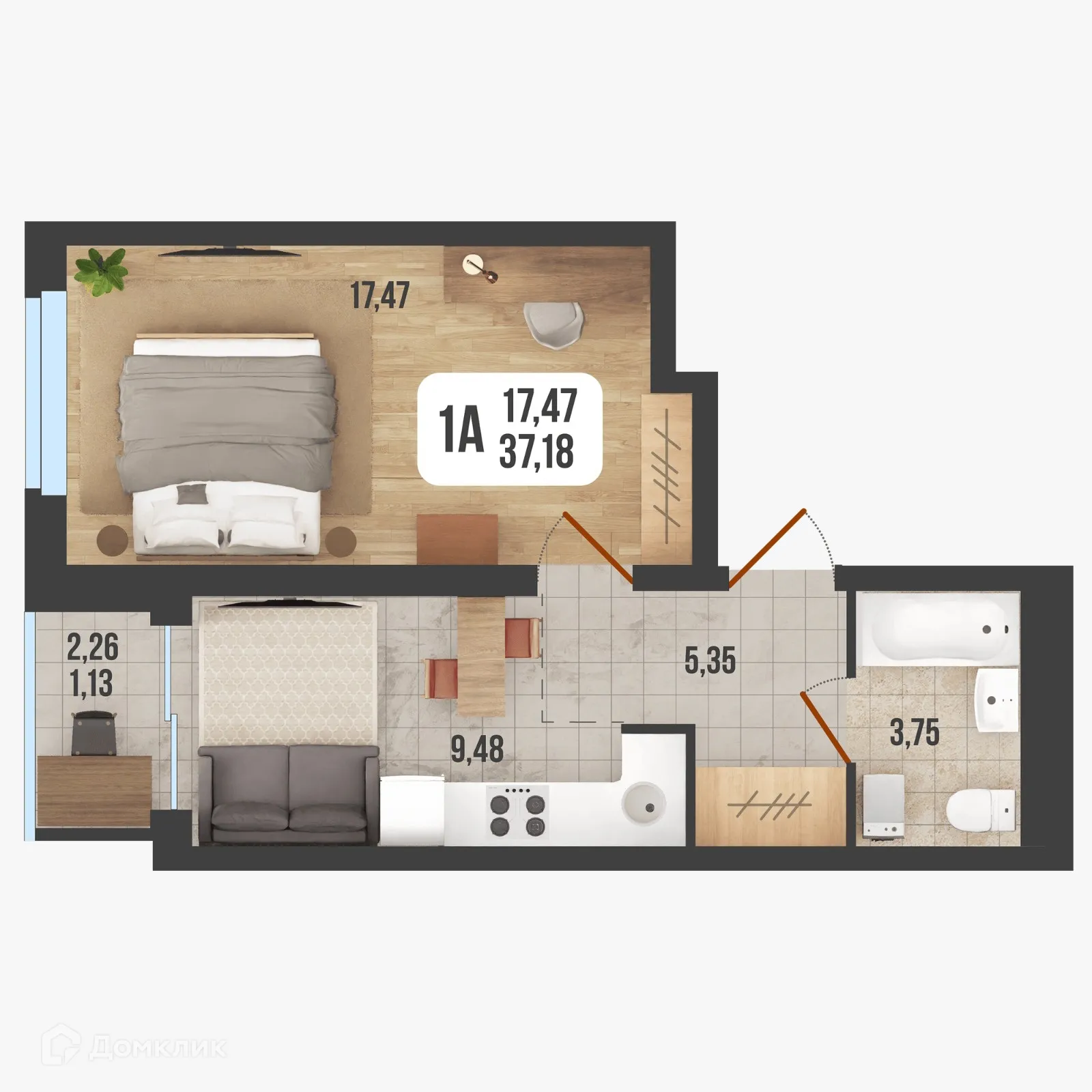 Планировка 1-комнатной квартиры 37.18 м² в ЖК "Новое Время", г. Стерлитамак — фото 1