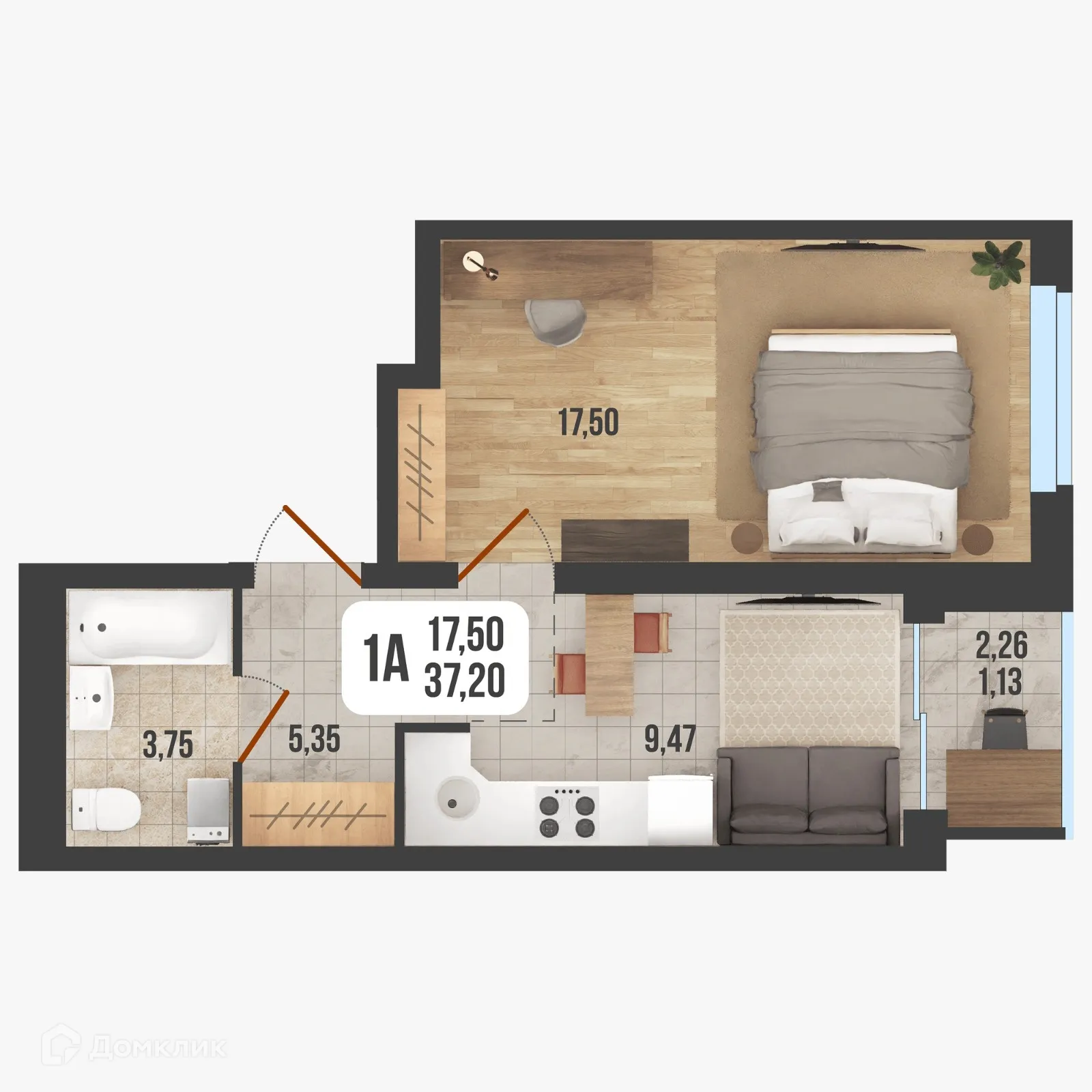 Планировка 1-комнатной квартиры 37.2 м² в ЖК "Новое Время", г. Стерлитамак — фото 1