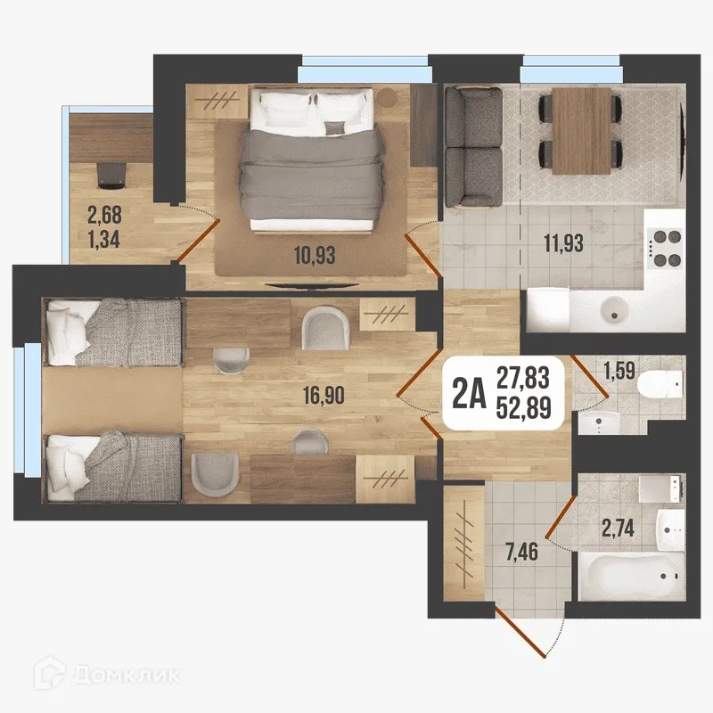 Планировка 2-комнатной квартиры 52.89 м² в ЖК "Новое Время", г. Стерлитамак — фото 1