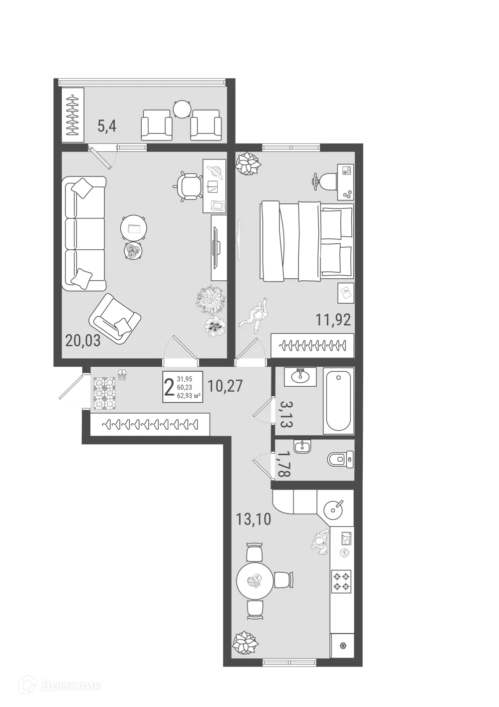 Планировка 2-комнатной квартиры 62.93 м² в ЖК Юго Западный, г. Тольятти — фото 1