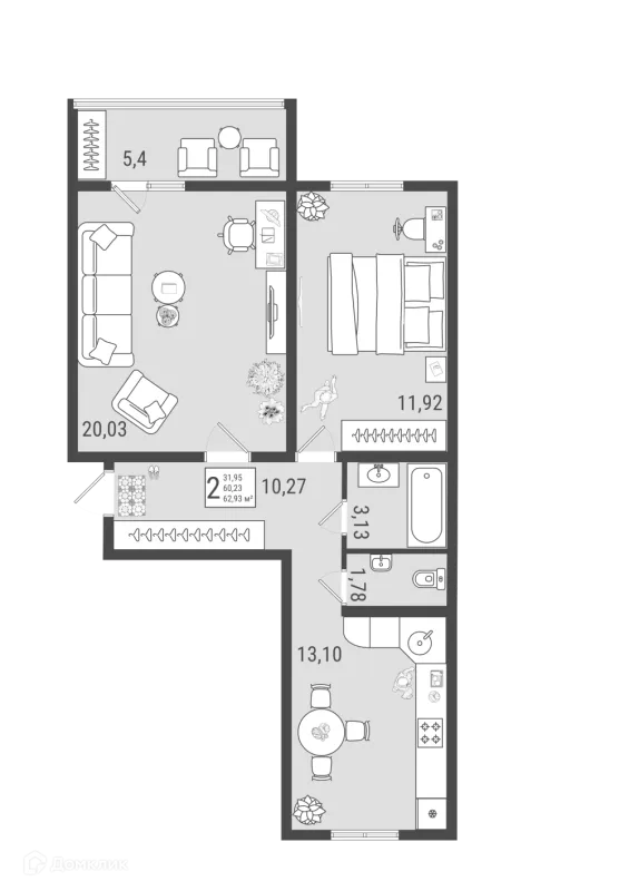 Планировка 2 комн. в ЖК Юго Западный
