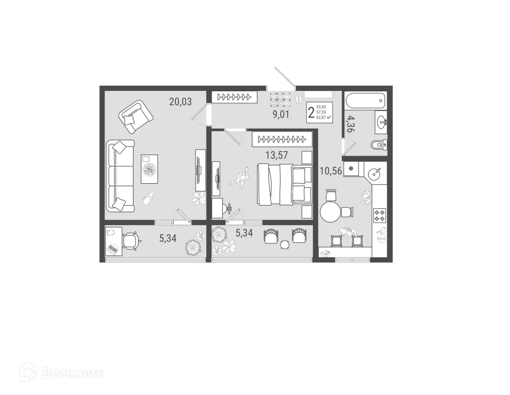 Планировка 2-комнатной квартиры 62.87 м² в ЖК Юго Западный, г. Тольятти — фото 1