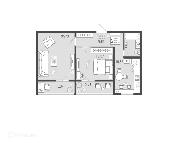 Планировка 2 комн. в ЖК Юго Западный