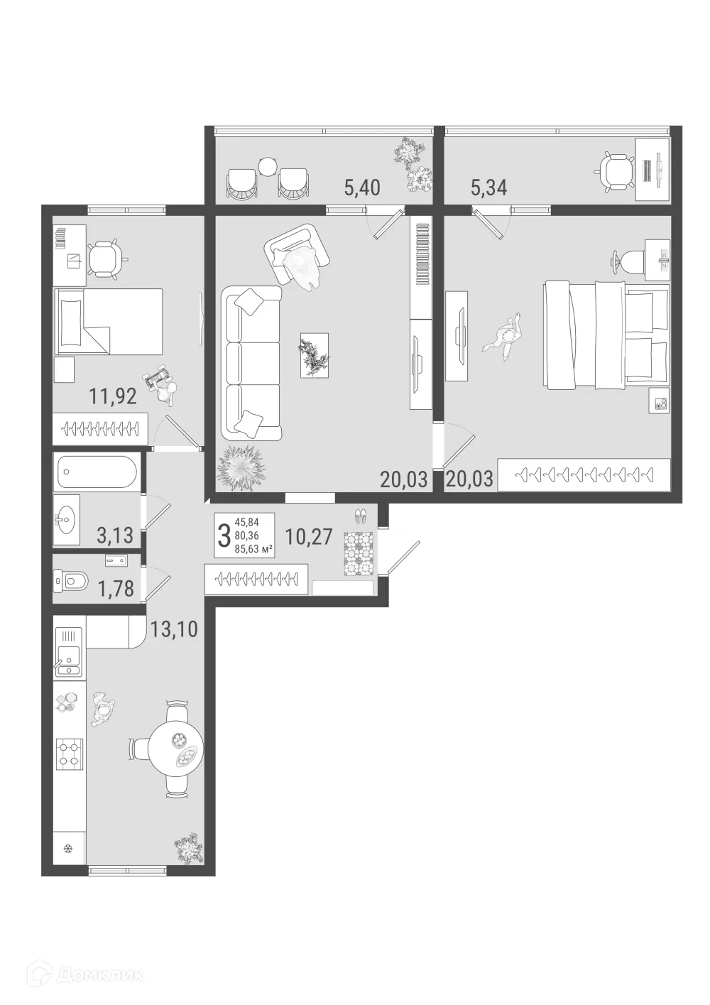 Планировка 3-комнатной квартиры 85.63 м² в ЖК Юго Западный, г. Тольятти — фото 1