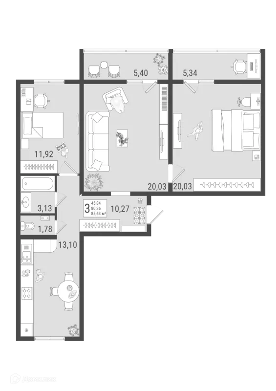 Планировка 3 комн. в ЖК Юго Западный