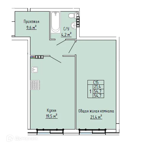 Планировка 1-комнатной квартиры 54.7 м² в ЖК Status Park (Статус Парк), г. Тольятти — фото 1