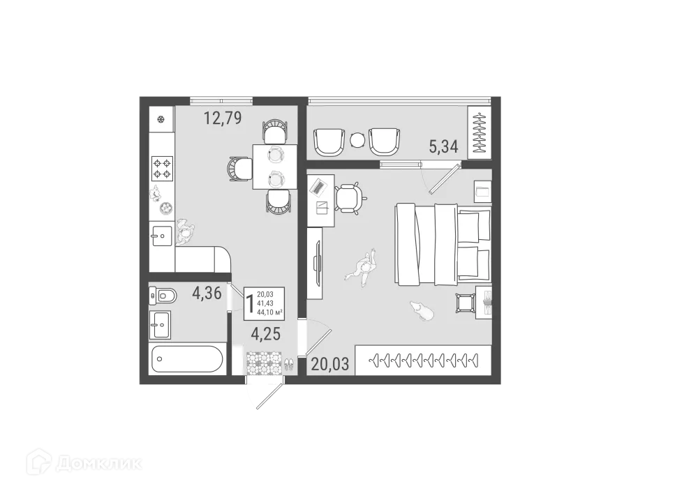Планировка 1-комнатной квартиры 44.1 м² в ЖК Юго Западный, г. Тольятти — фото 1