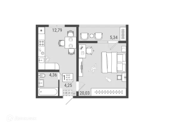 Планировка 1 комн. в ЖК Юго Западный