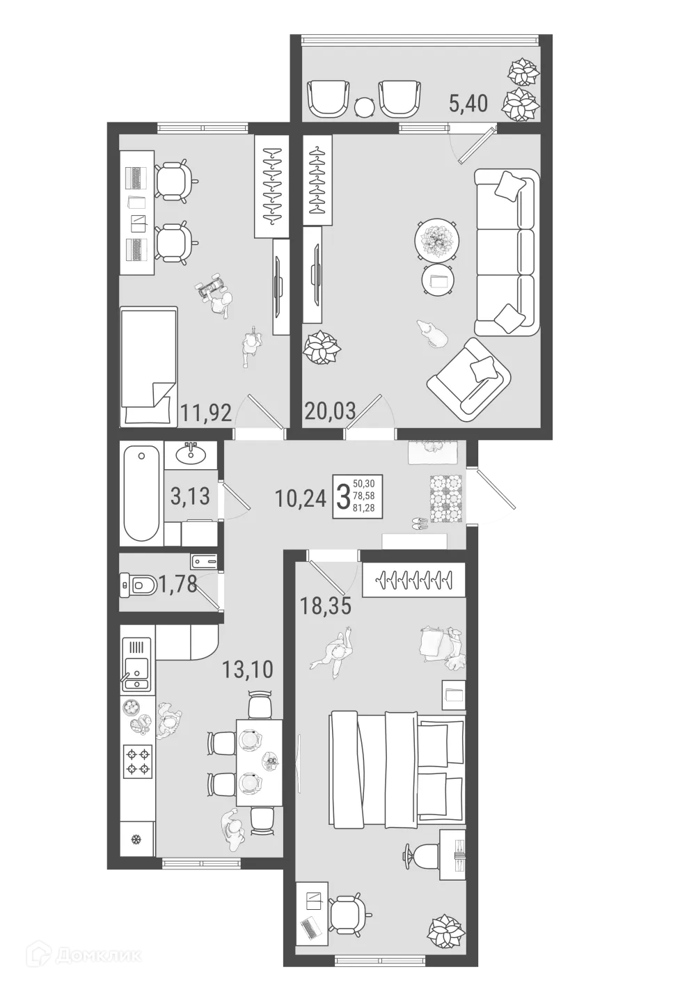 Планировка 3-комнатной квартиры 81.28 м² в ЖК Юго Западный, г. Тольятти — фото 1