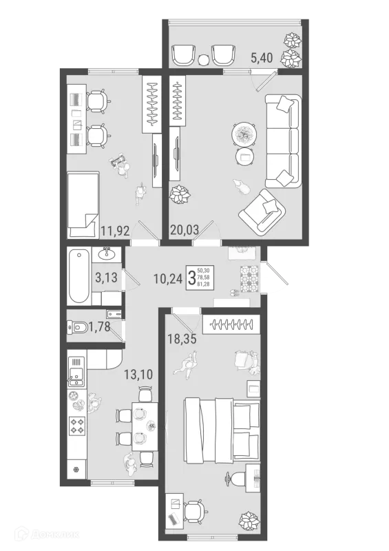 Планировка 3 комн. в ЖК Юго Западный