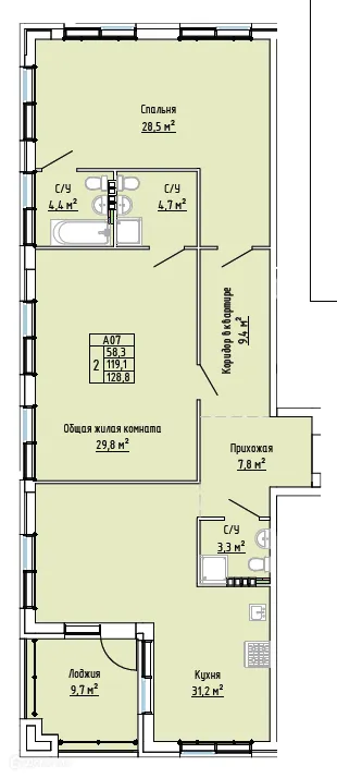 Планировка 2-комнатной квартиры 128.8 м² в ЖК Status Park (Статус Парк), г. Тольятти — фото 1