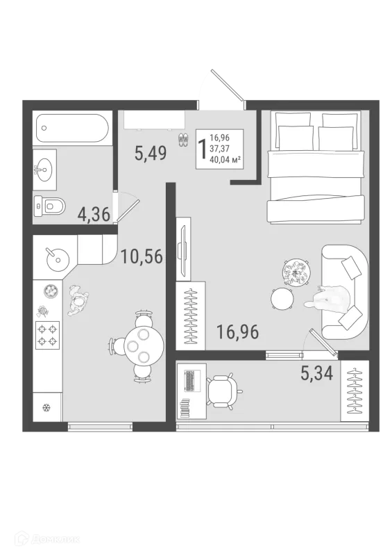 Планировка 1 комн. в ЖК Юго Западный