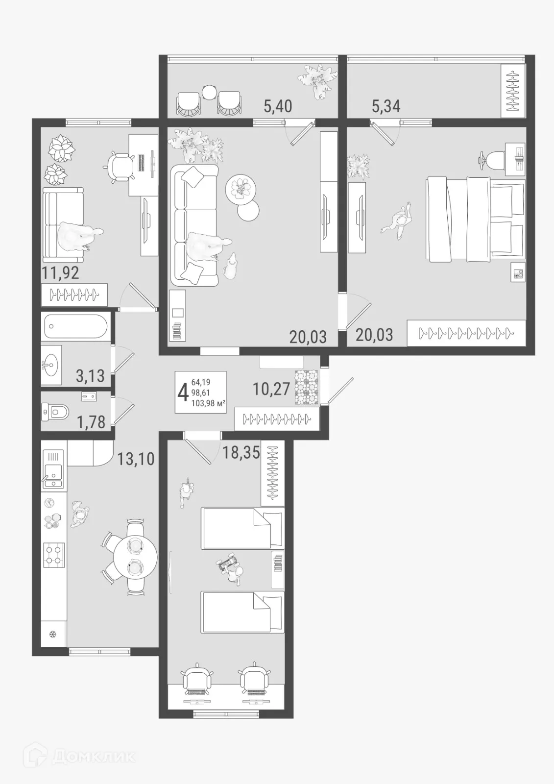 Планировка 3-комнатной квартиры 101.6 м² в ЖК Юго Западный, г. Тольятти — фото 1