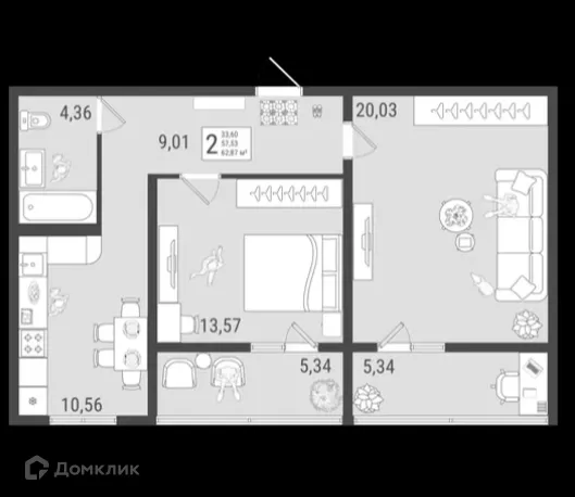 Планировка 2-комнатной квартиры 62.97 м² в ЖК Юго Западный, г. Тольятти — фото 1