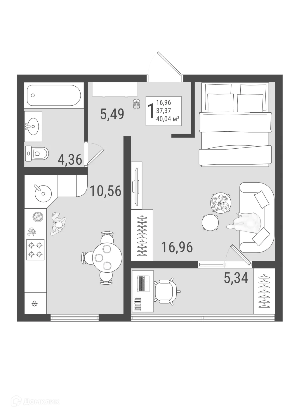 Планировка 1-комнатной квартиры 40.04 м² в ЖК Юго Западный, г. Тольятти — фото 1