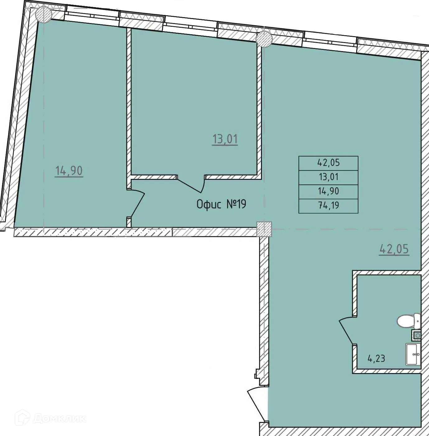 Планировка 2-комнатной квартиры 74.19 м² в ЖК Комплекс апартаментов «ФЕРИН», г. Уфа — фото 1