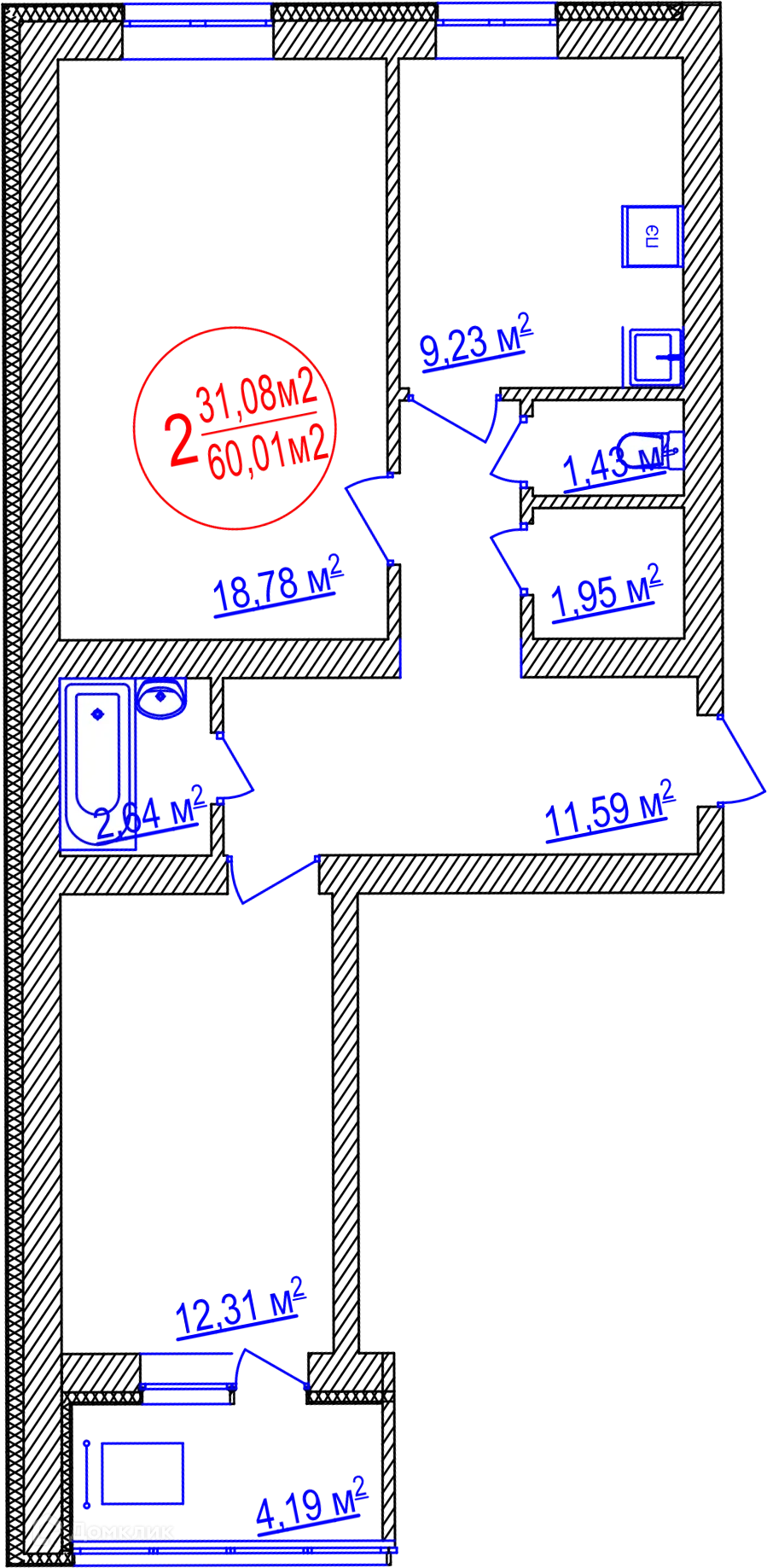 Планировка 2-комнатной квартиры 60.01 м² в ЖК "CЕМЕЙНЫЙ", г. Уфа — фото 1