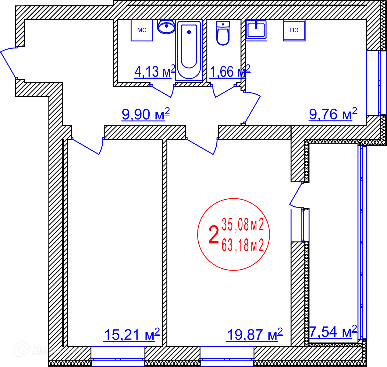 Планировка 2-комнатной квартиры 63.18 м² в ЖК "CЕМЕЙНЫЙ", г. Уфа — фото 1